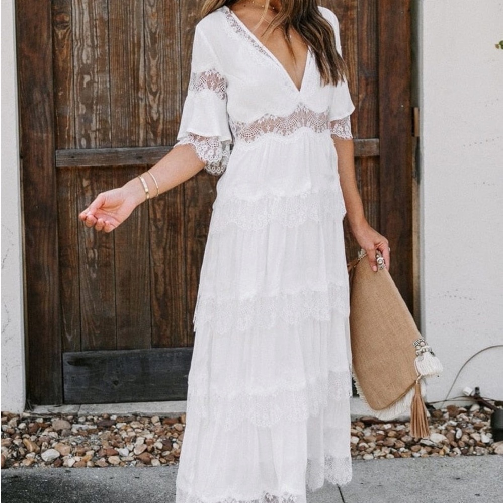Elegant White Lace Maxi Dress bridesmaid wedding dress